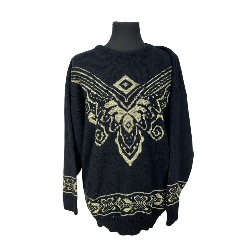 Vintage Adele 80's Cosey Black Acrylic and Gold Lurex Brocade Design Sweater